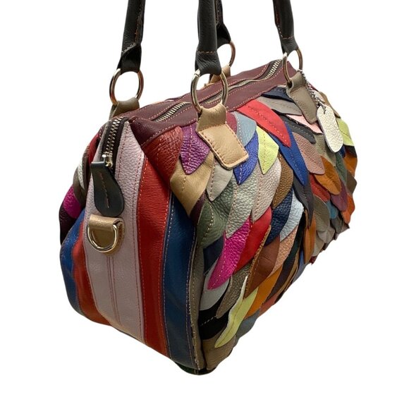 Handcrafted Multicolored Leather Patchwork With Dual Handles Crossbody Bag - Picture 5 of 9